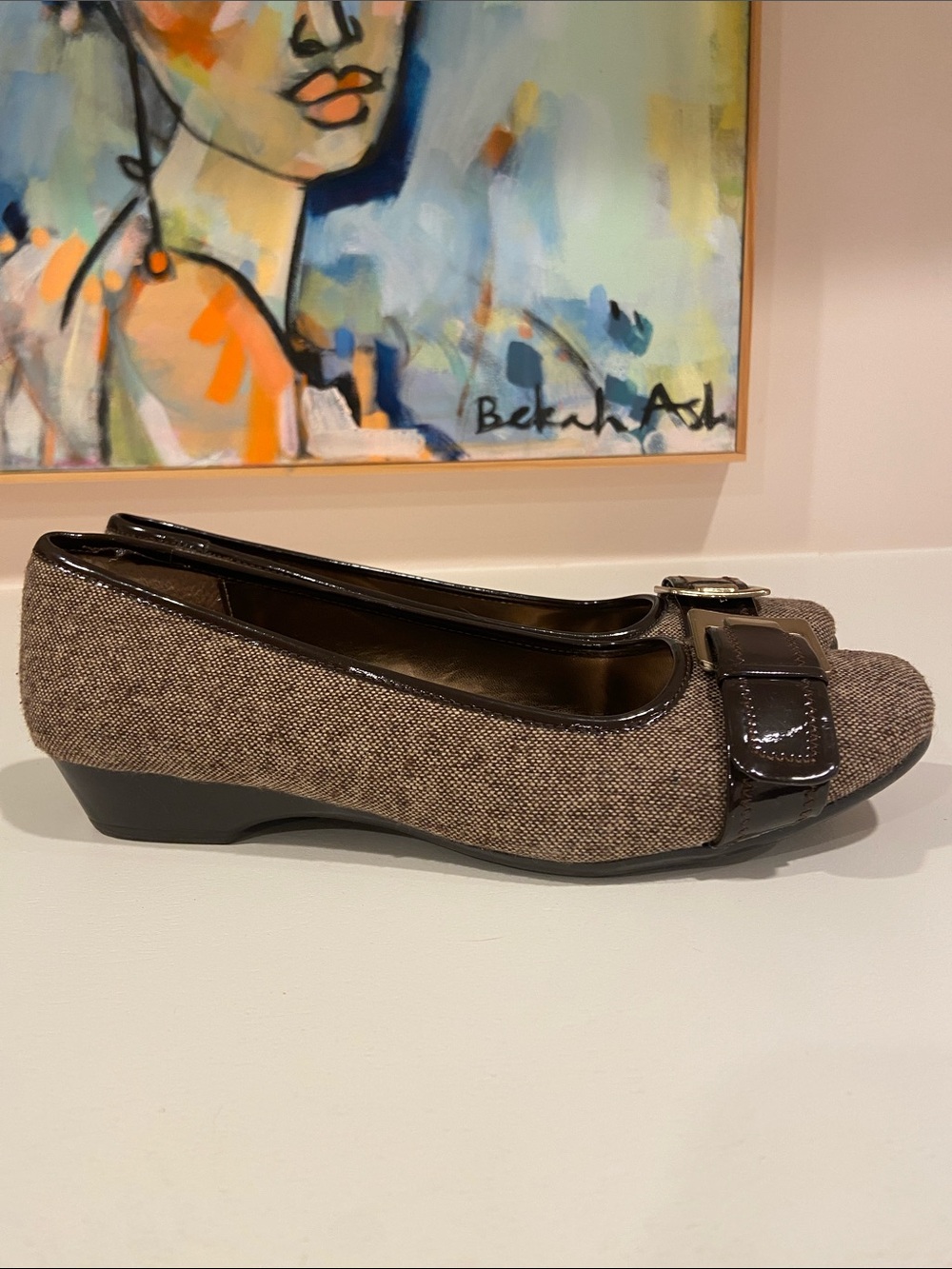 Bandolino Brown Tweed Flats with brown Patent Buckle